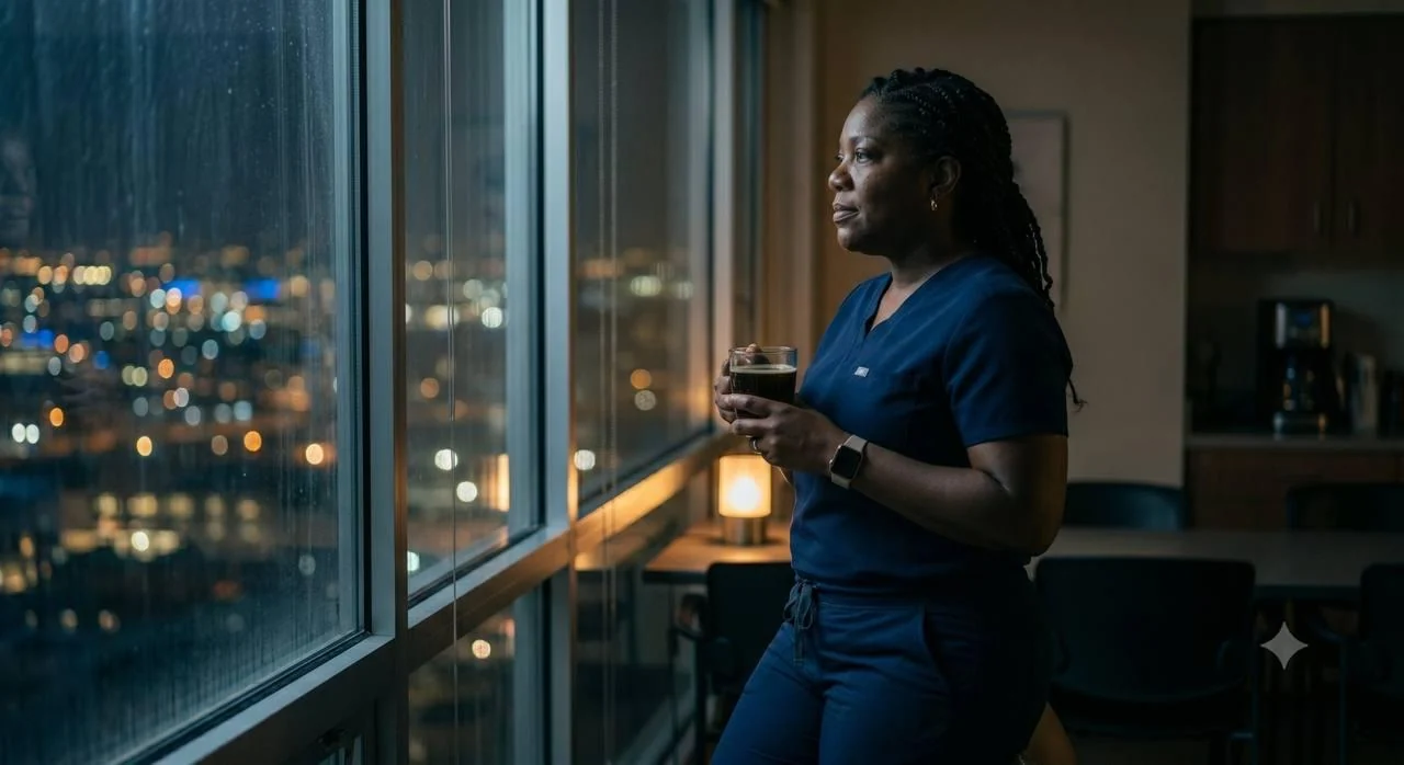 Nurse in navy TWELVE scrubs at a window overlooking city lights at the end of a night shift