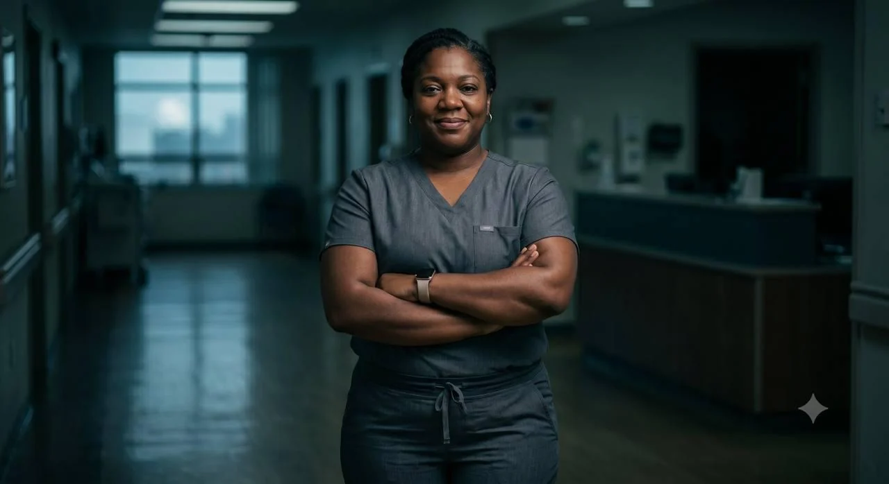 Healthcare professional in charcoal TWELVE performance scrubs, arms crossed in a hospital corridor